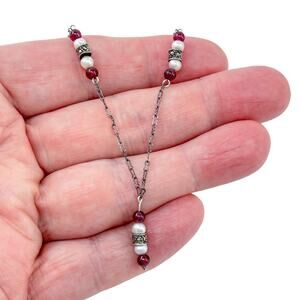 Estate Sterling Silver 925 Garnet Pearl Marcasite Drop Necklace 16"